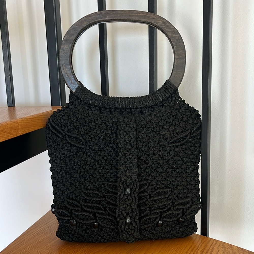 Vintage Macrame Boho Bag Wooden Handle‎ Black